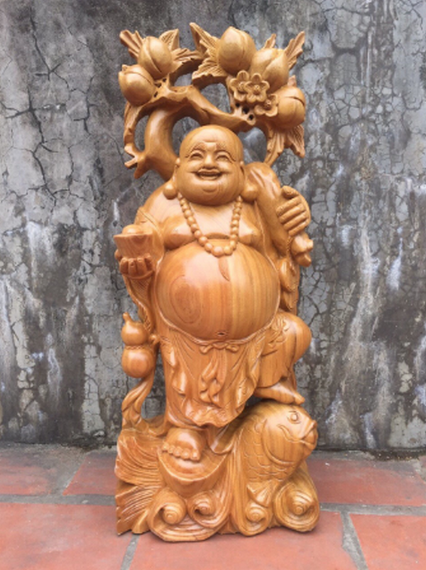 Tượng Phật Di Lặc cành đào cưỡi cá gỗ Xá Xị - Điêu khắc Tượng gỗ ...